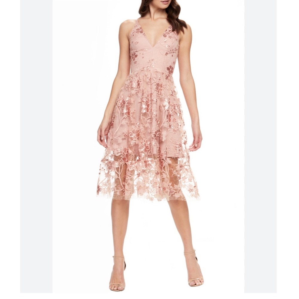 Dress The Population Ally Blush Pink Sequin Floral Embroidery Midi Dress Large
